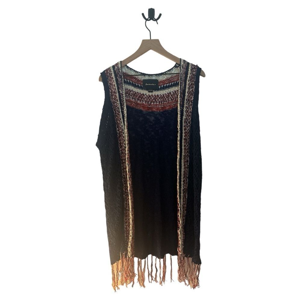 Lovemarks Vest Sleeveless Cardigan‎ Fringe Trim Knit Boho Festival Size L
